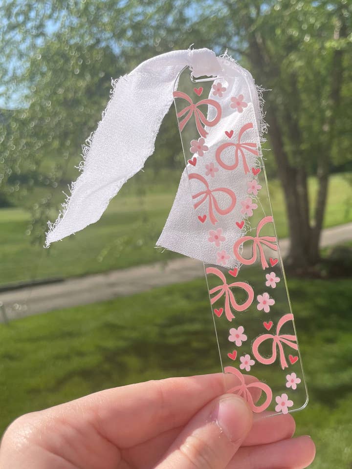 Beautiful Bows and Flowers Clear Acrylic Bookmark with Chiffon Ribbon for wholesale by DesignedbyKendal