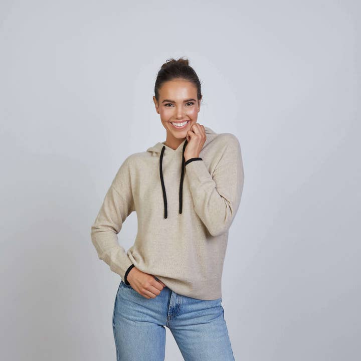 Highland Hoodie 100% Mongolian Cashmere in Beige with Black for wholesale by erin gray