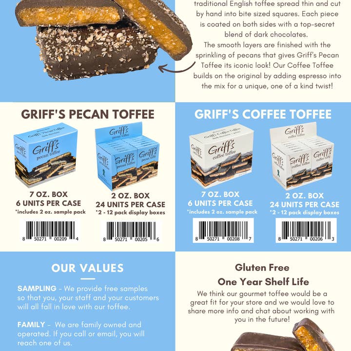 Griff's Toffee - Wholesale Toffee - Griff's Pecan Toffee - 7oz Dark Chocolate Toffee7