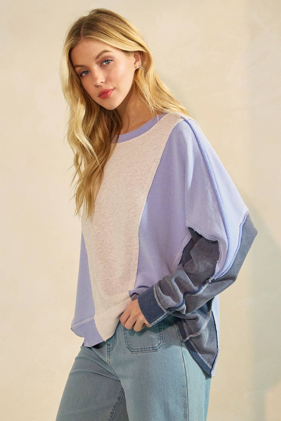 mittoshop - Wholesale Sweatshirt - Women's - MINERAL WASH COLOR BLOCK DOLMAN SLEEVE PULLOVER5