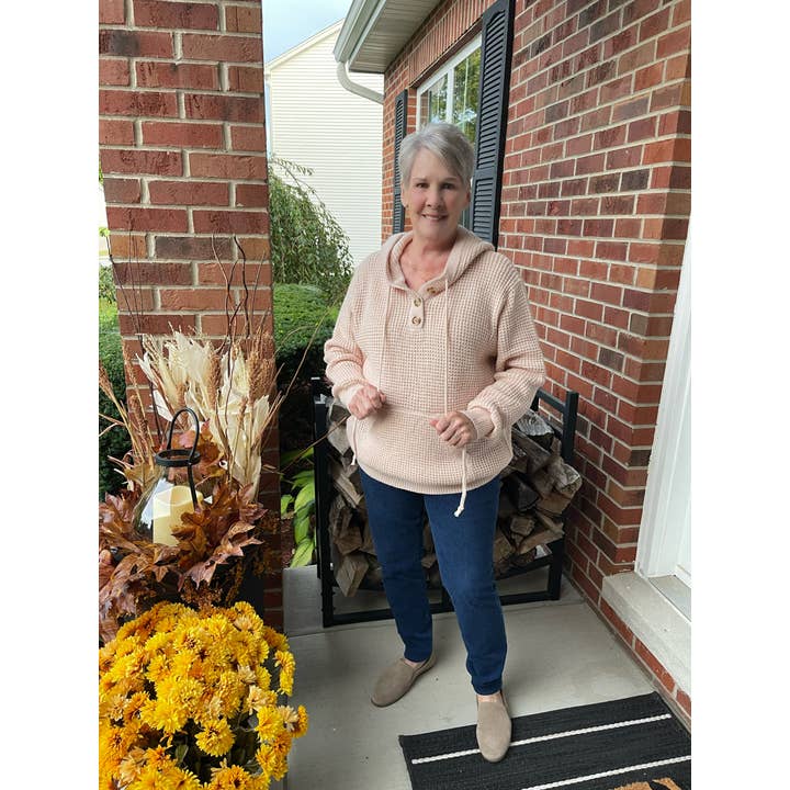 Tan Waffle Knit Hooded Sweater w/ Pocket & Buttons for wholesale by Anita Marie Apparel