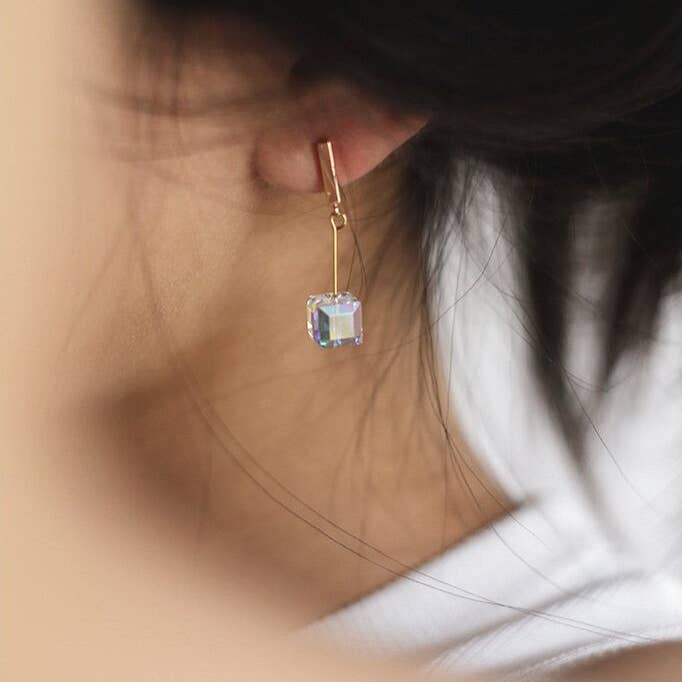 Haengseongworkshop - Wholesale Dangle Earrings - 1cm Rectangle Bar Stud Gold Plated/ 316 Surgical Stainless Steel 8mm Clear Ab Cube Bar Earrings