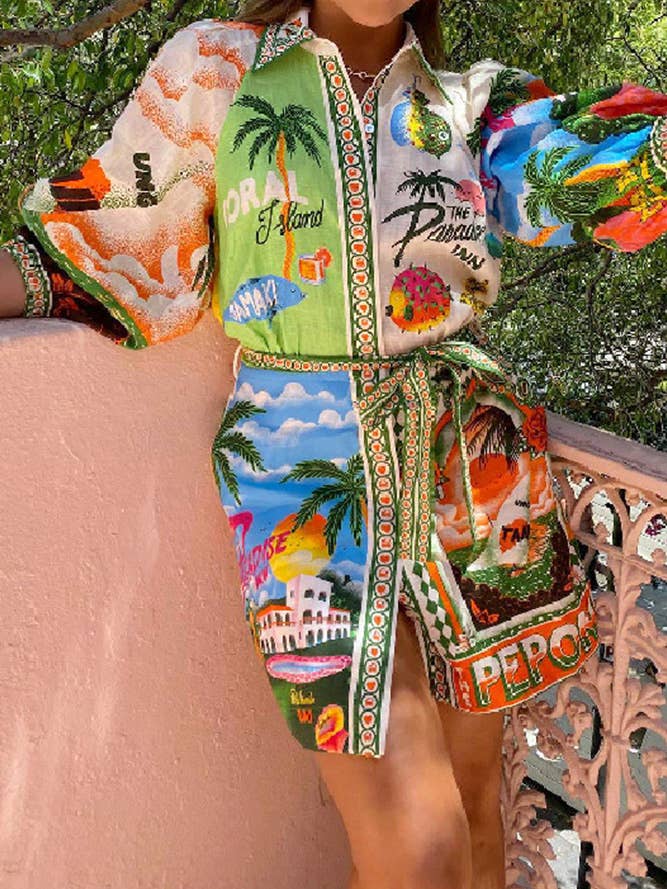 Multi Summer Tropical Summer Print Buttoned Shirt Dress JRM056 for wholesale on Faire