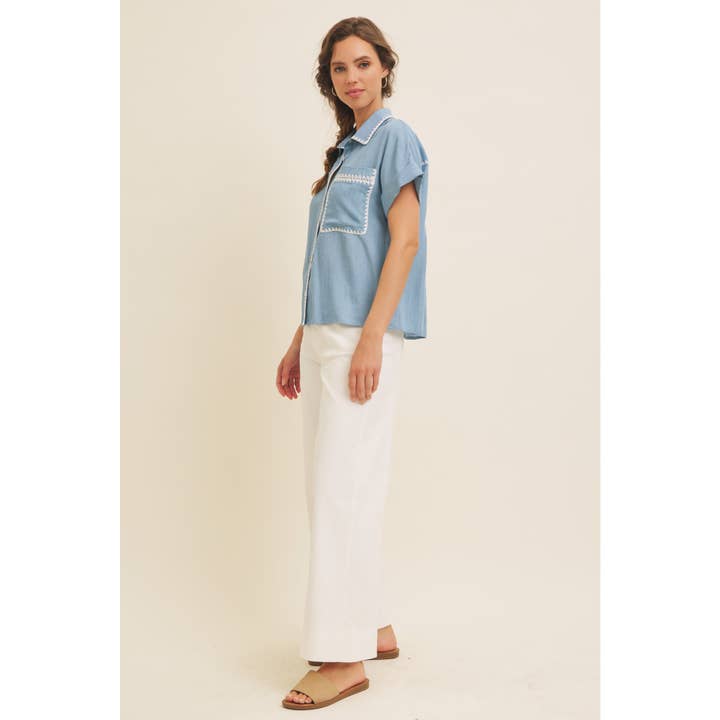 WASHED CHAMBRAY BUTTON-DOWN SHIRT WITH STITCHING for wholesale on Faire12