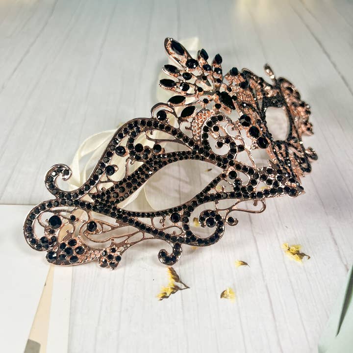 Happy Dream Gifts - Wholesale Costume - Unisex - Masquerade Mask Luxury Black Crystal, Rhinestone Gold Mask2
