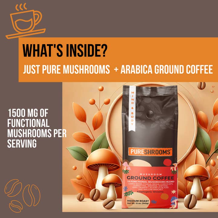 PureShrooms Inc. - Wholesale Ground coffee - PureShrooms Perfect 10 Mushroom Ground Coffee | Best Seller4