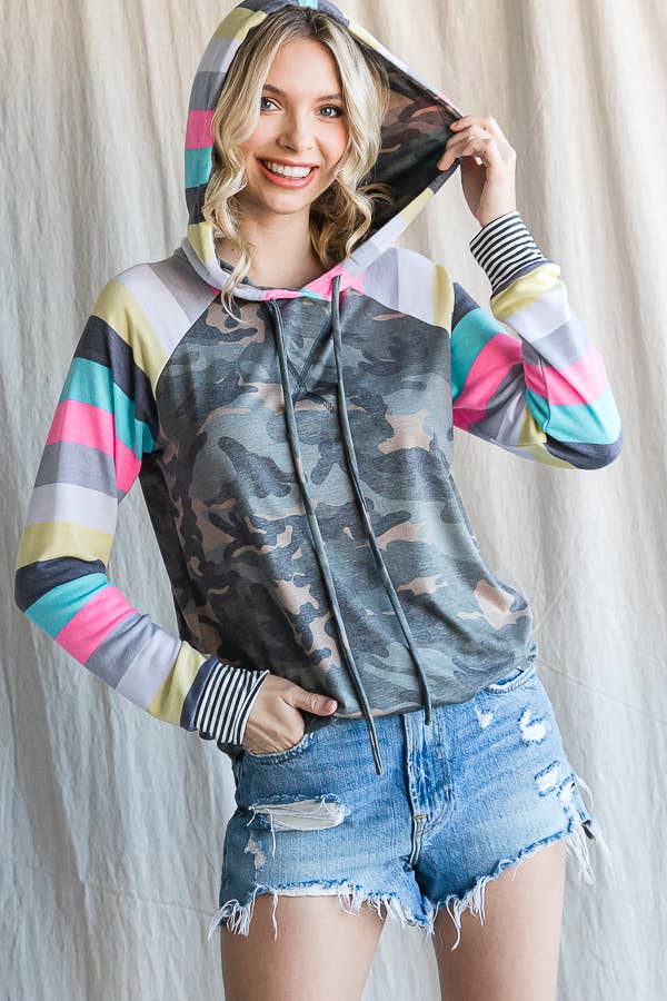 7th Ray - Wholesale Hoodie - Women's - Camo Print Stripe Raglan Sleeve Drawstring Hoodie T45493