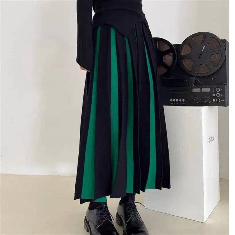 UZ Wholesale Store – wholesale Skirt – Women’s – Color Block High-Waisted Knitted Pleated Midi Skirt2
