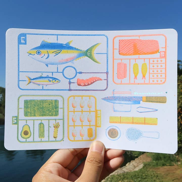 Sushi Gunpla Risograph Postcard Print for wholesale by HungryWhales