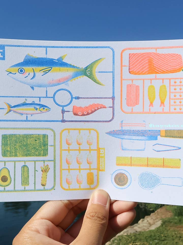 Sushi Gunpla Risograph Postcard Print for wholesale by HungryWhales