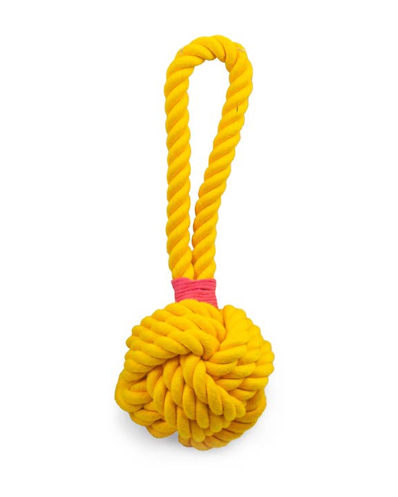 ThoozyPet Ball Tug Rope Dog Toy with Handle Yellow 5" for wholesale by Pet Palette Distribution