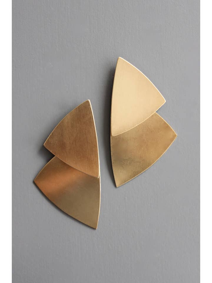 BKNE77 Geometric double triangle brass post earrings for wholesale by David Aubrey Jewelry