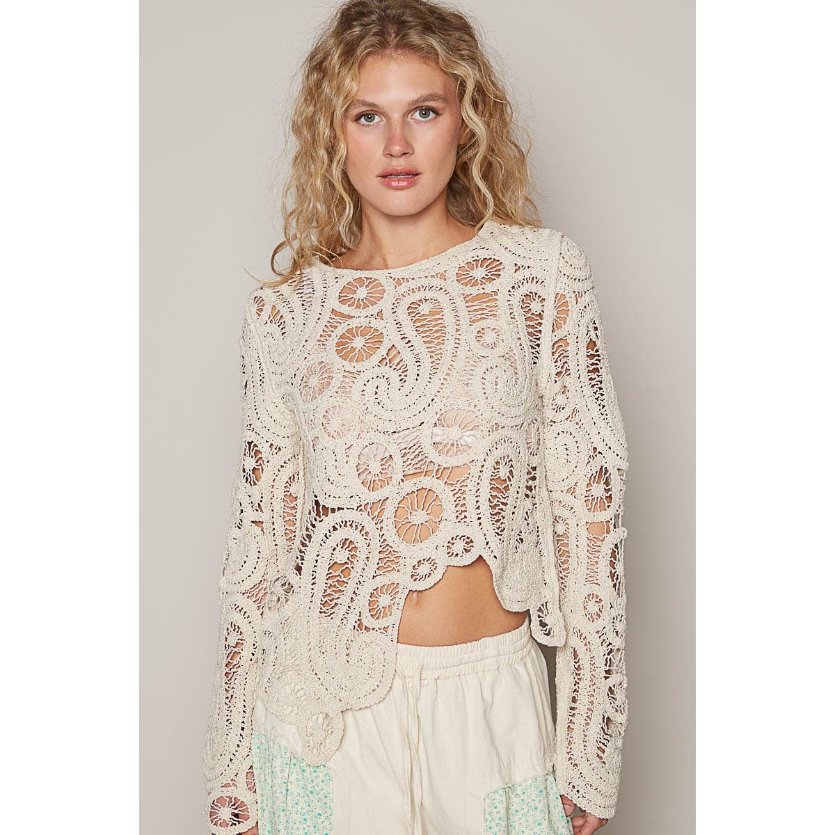 Pol Clothing - Wholesale Knit Top - Women's - Round Neck Long Sleeve Solid Crochet Top8