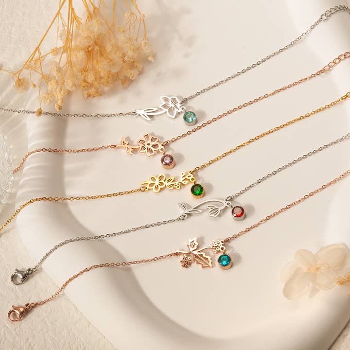 Birth Flower & Birthstone Chain Bracelet – Stainless Steel for wholesale by Anavia