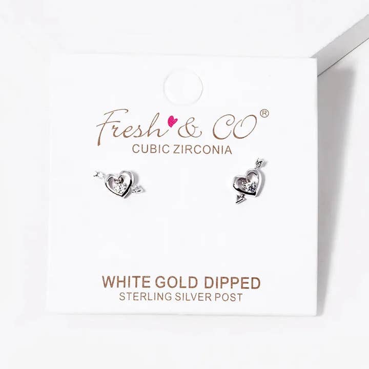 Wild Honey - Wholesale Stud/Post Earrings - White Gold Dipped CZ Cupids Heart Stud Earrings3