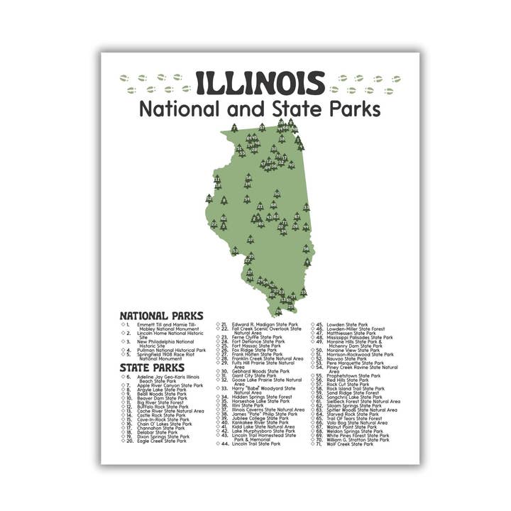 Carte et liste de contrôle des parcs nationaux et d'État de l'Illinois pour la vente par National Park Obsessed LLC