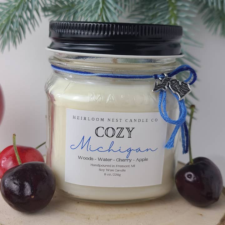 Cozy Michigan Soy Mason Jar Candle for wholesale by Heirloom Nest Candle Co.