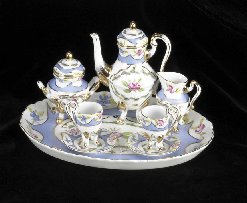 AA Importing - Wholesale Tea Set - Mini Tea Set, 10pc, Blue Floral w/ Gold Accents0