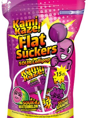 Kamikaze Flat Suckers Grape/Watermelon Hard Candy Lollipop for wholesale by Dazzler