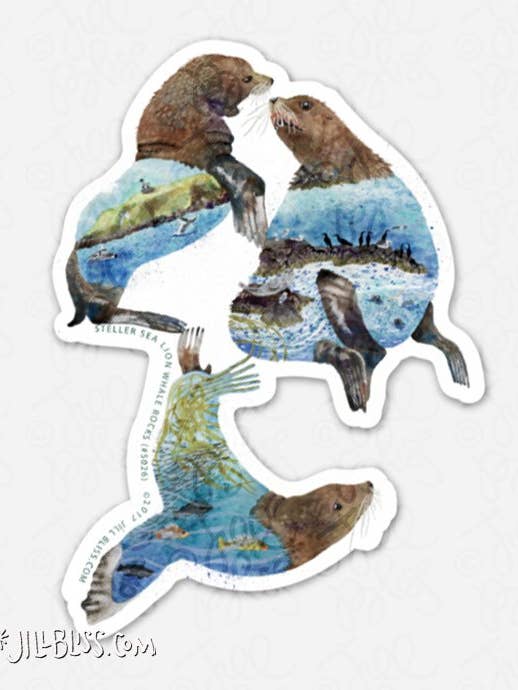 AUTOCOLLANT HABITAT STELLER OTARIE BALEINE ROCHERS pour la vente par Jill Bliss Artwork
