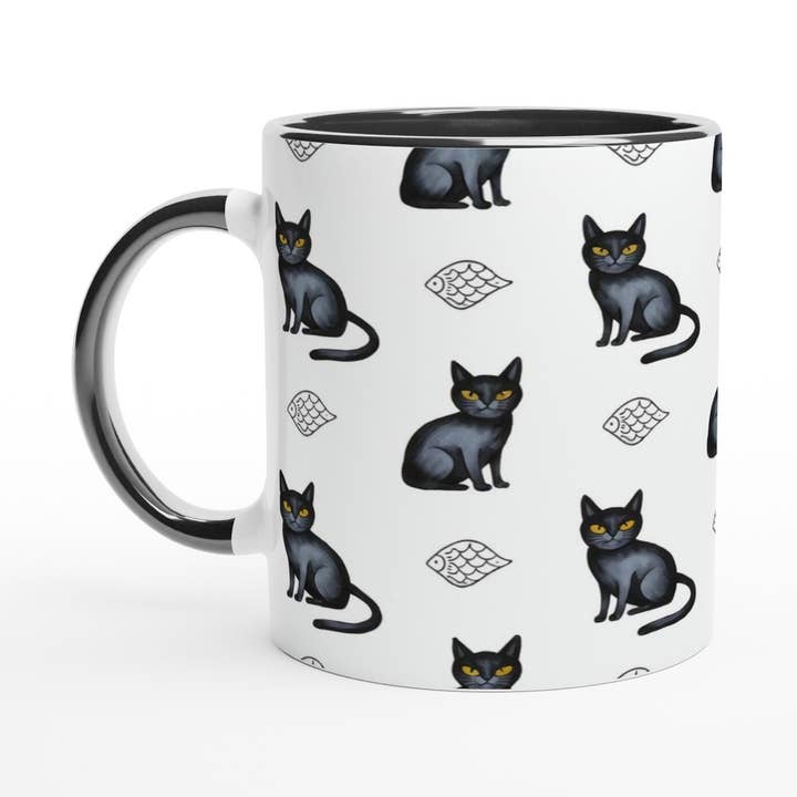 Unique Ceramic Mug featuring Playful Black Cats & Fish for wholesale by Aminelle & Willow