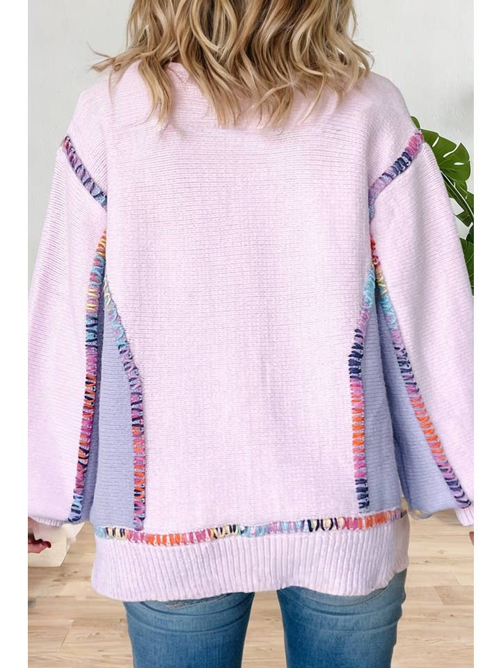 LA Society - Wholesale Knit Sweater - Women's - Color Block Stitching Bishop Sleeve Round Neck Sweater3