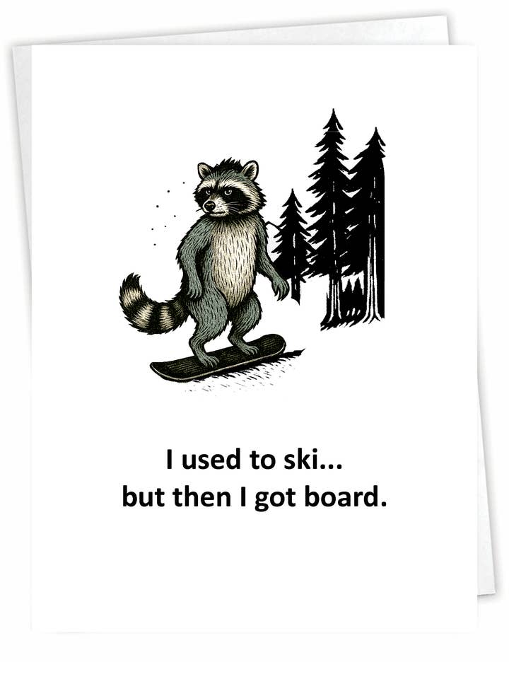Funny Outdoor Card - Snowboard Raccoon - Blank Inside for wholesale by Blue Spark Card Co