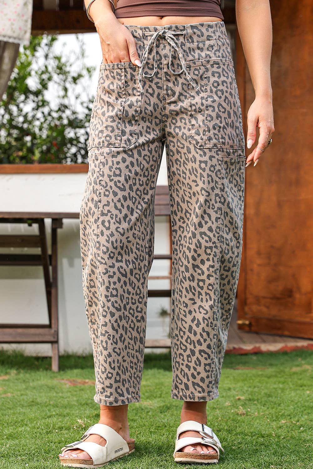 As shown Fashion-W Leopard Drawstring Waist Pocketed Wide Leg Jeans for wholesale on Faire4