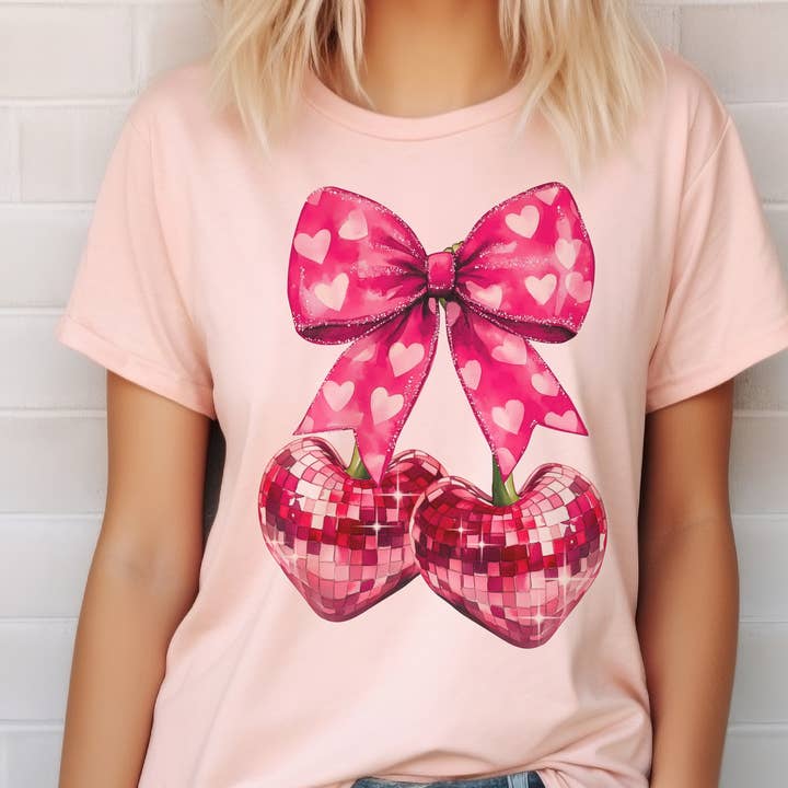 Alla hjärtans dag Disco Körsbärshjärtan Kokett Kärlek Grafisk T-shirt för wholesale av Par.tees by Party On!