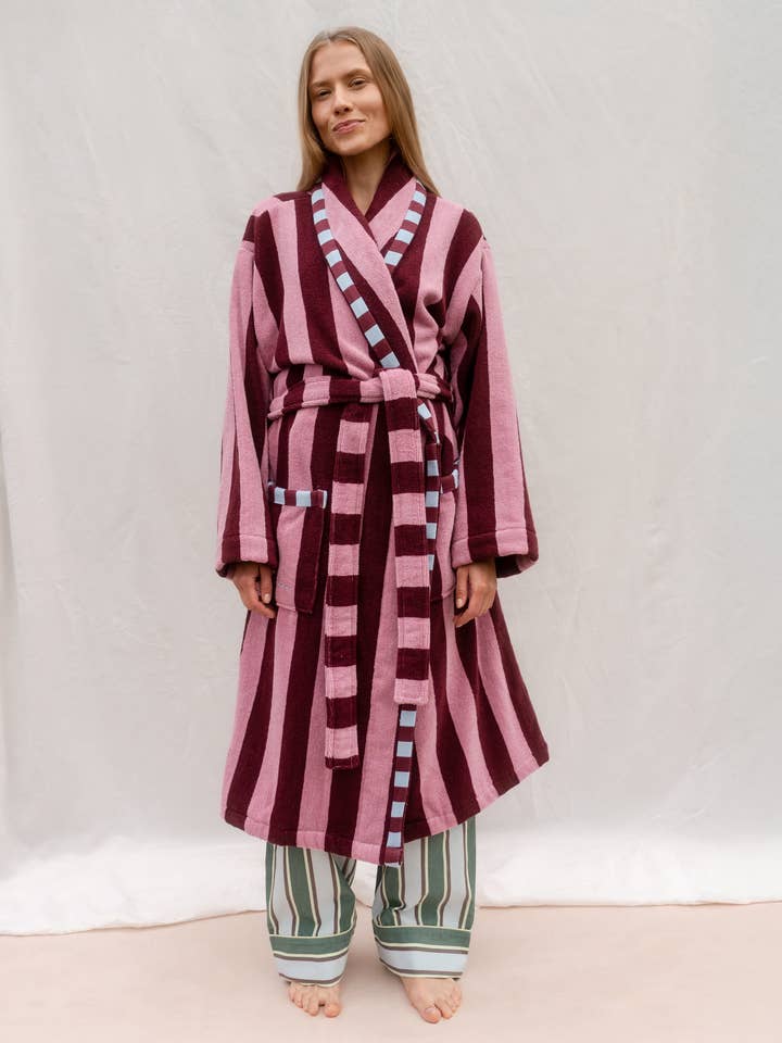 TBCo - Wholesale Robe – Women's - Terry Cotton Bath Robe in Burgundy Stripe