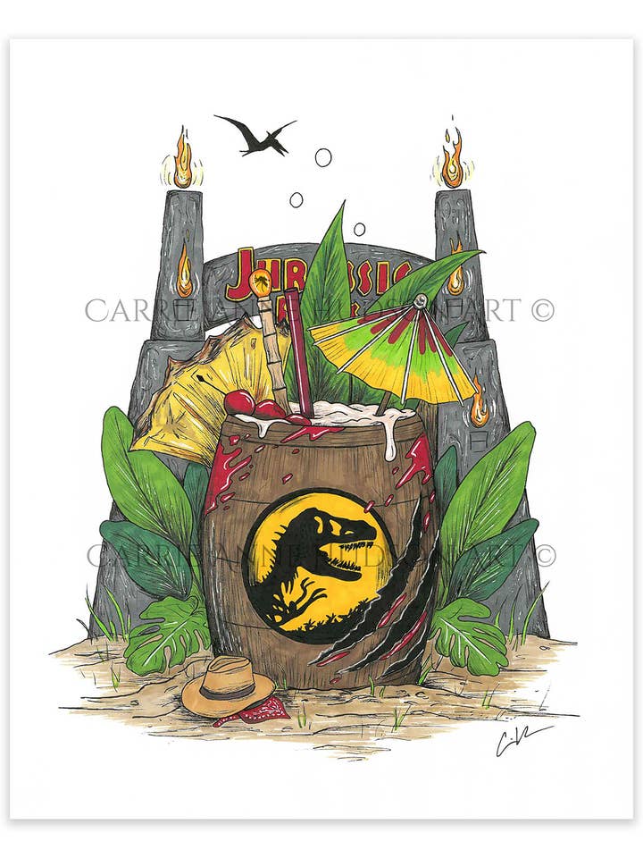 Hallowtiki Jurassic Park Inspired Tiki Fine Art Print for wholesale by Carrie Anne Hudson Art