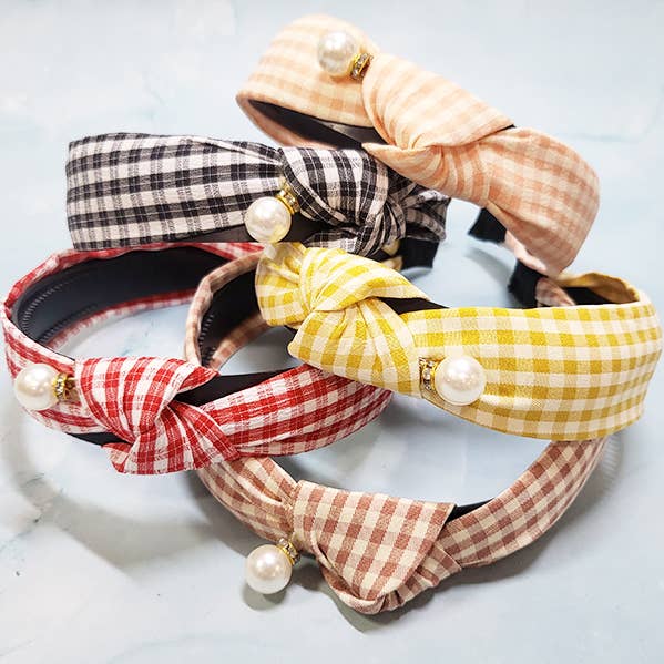 Pearl Accent Checkered Headband for wholesale by Funteze