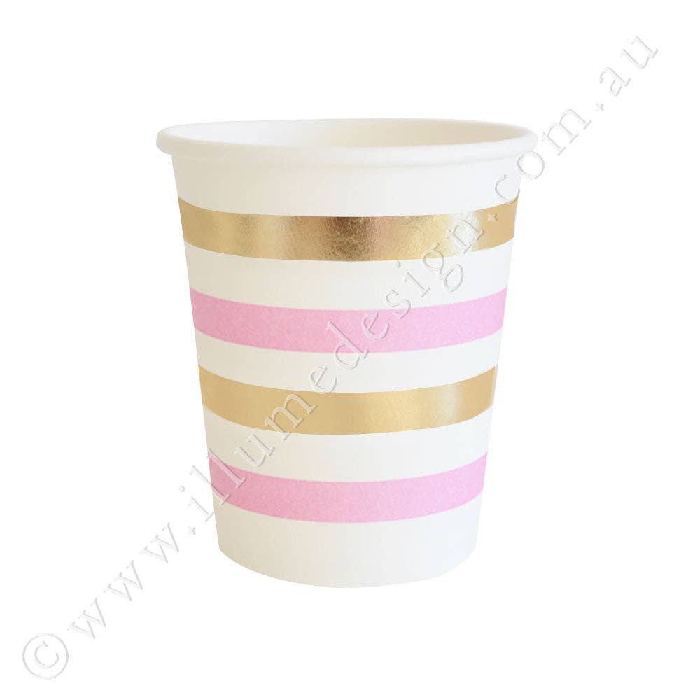 Illume Partyware - Wholesale Disposable cup - Gold & Pink Stripe Cup - Pack of 10