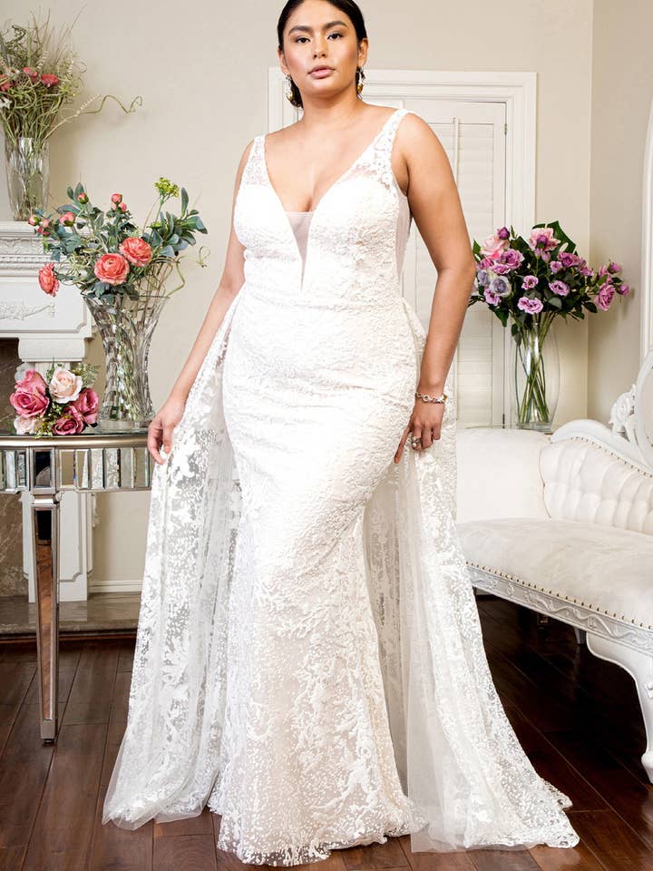 Robe de mariée en forme de sirène à encolure en V transparente sur les côtés et le dos, avec couche en maille amovible, masque non inclus pour la vente par Tux-USA®