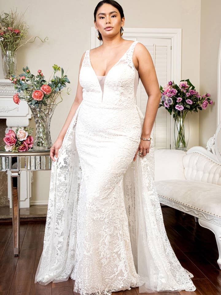 Illusion V-Neck Sheer Side and Back Mermaid Wedding Gown w/ Detachable Mesh Layer - Mask Not Included for wholesale by Tux-USA®