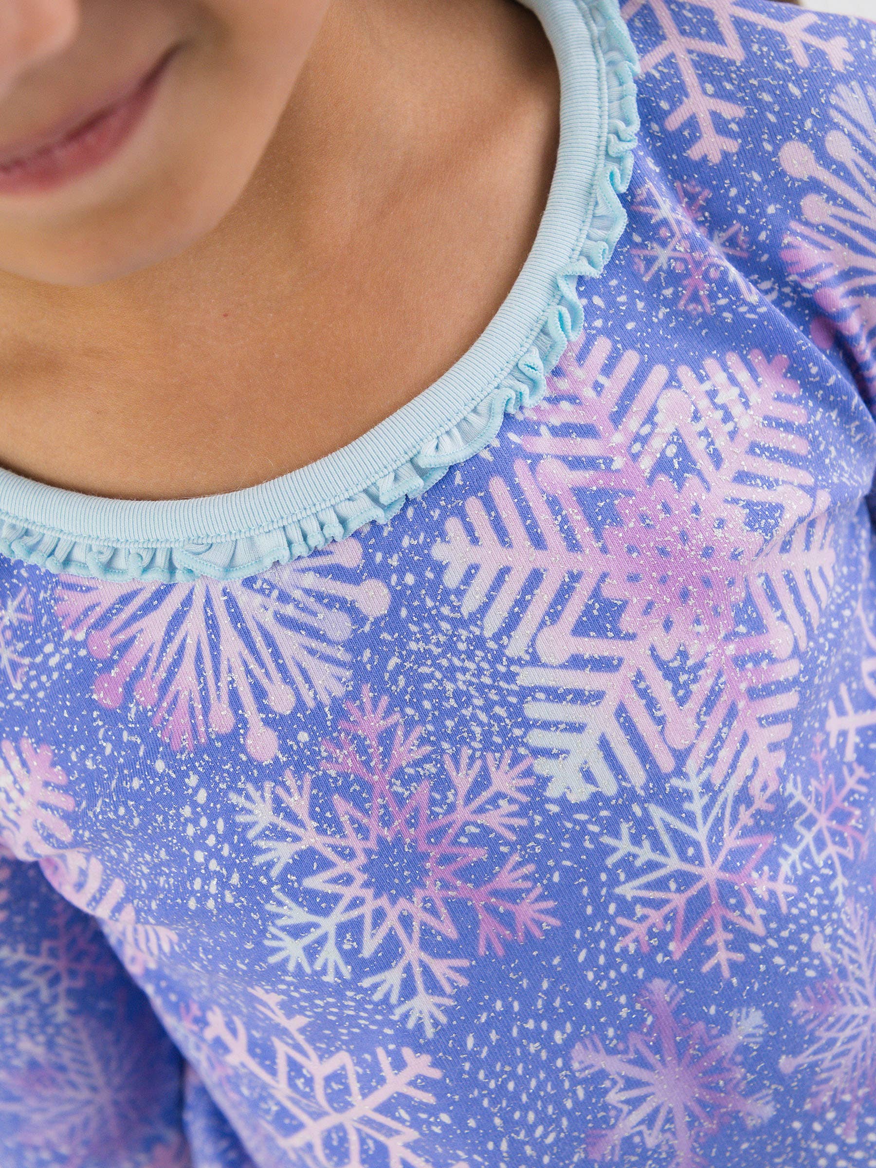 Blue SoftSnooze™ Girls Cotton Modal Shimmer Snowflakes Ruffle Long Sleeve Pajama Set for wholesale on Faire4