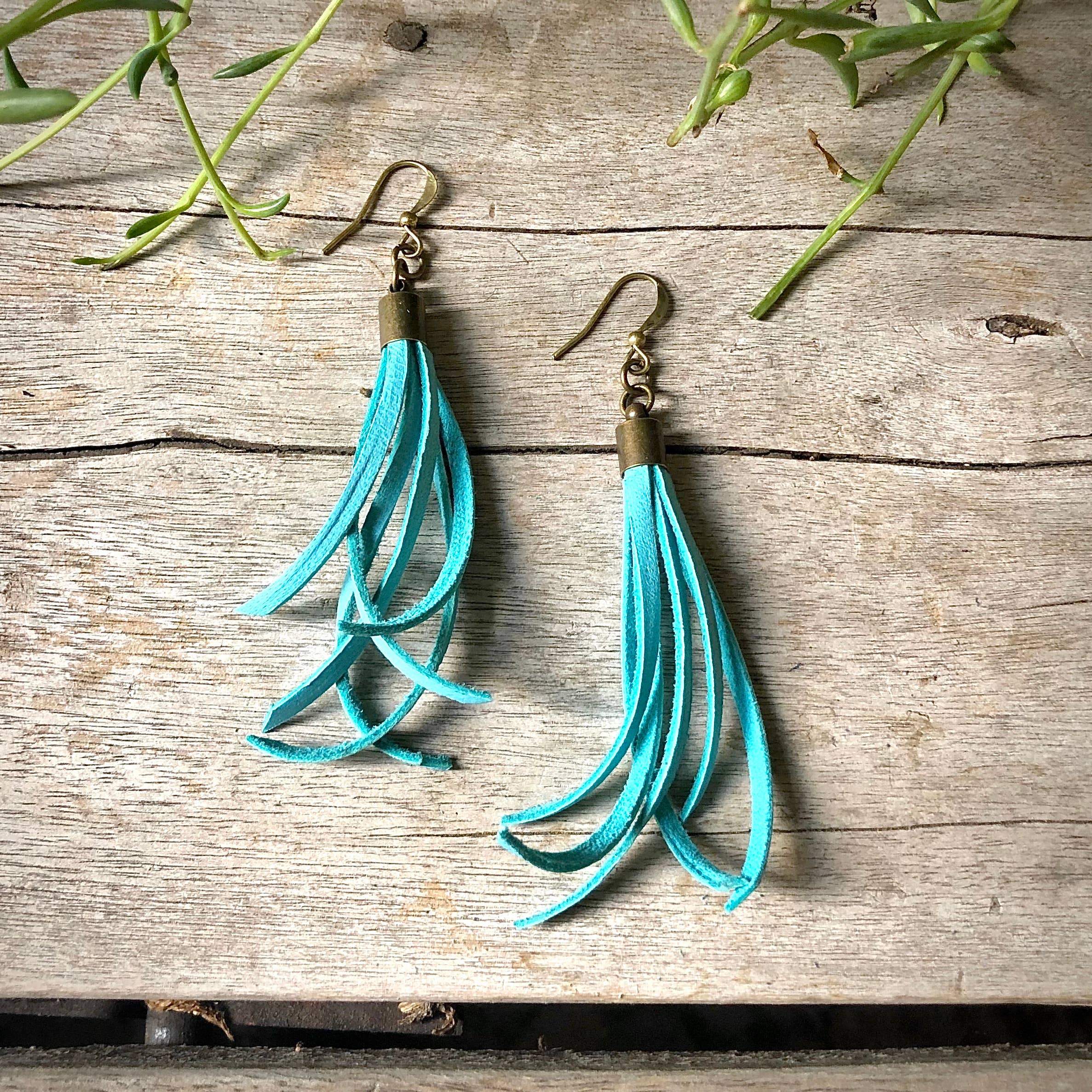 Turquoise Mini Tassel Earrings - Turquoise, Western Short Leather for wholesale on Faire6