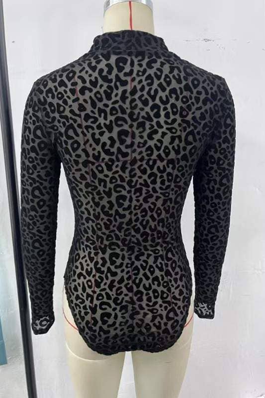 BLACK leopard mesh long sleeves bodysuit for wholesale on Faire7