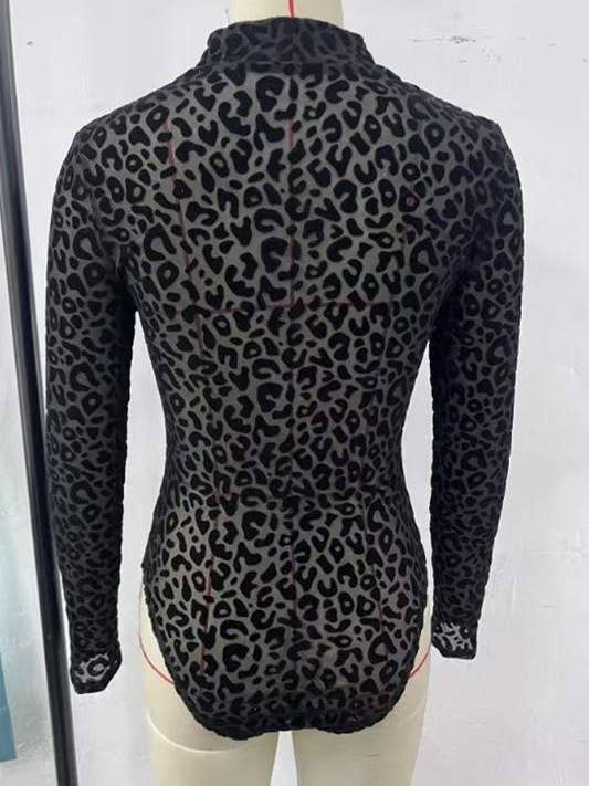 BLACK leopard mesh long sleeves bodysuit for wholesale on Faire7