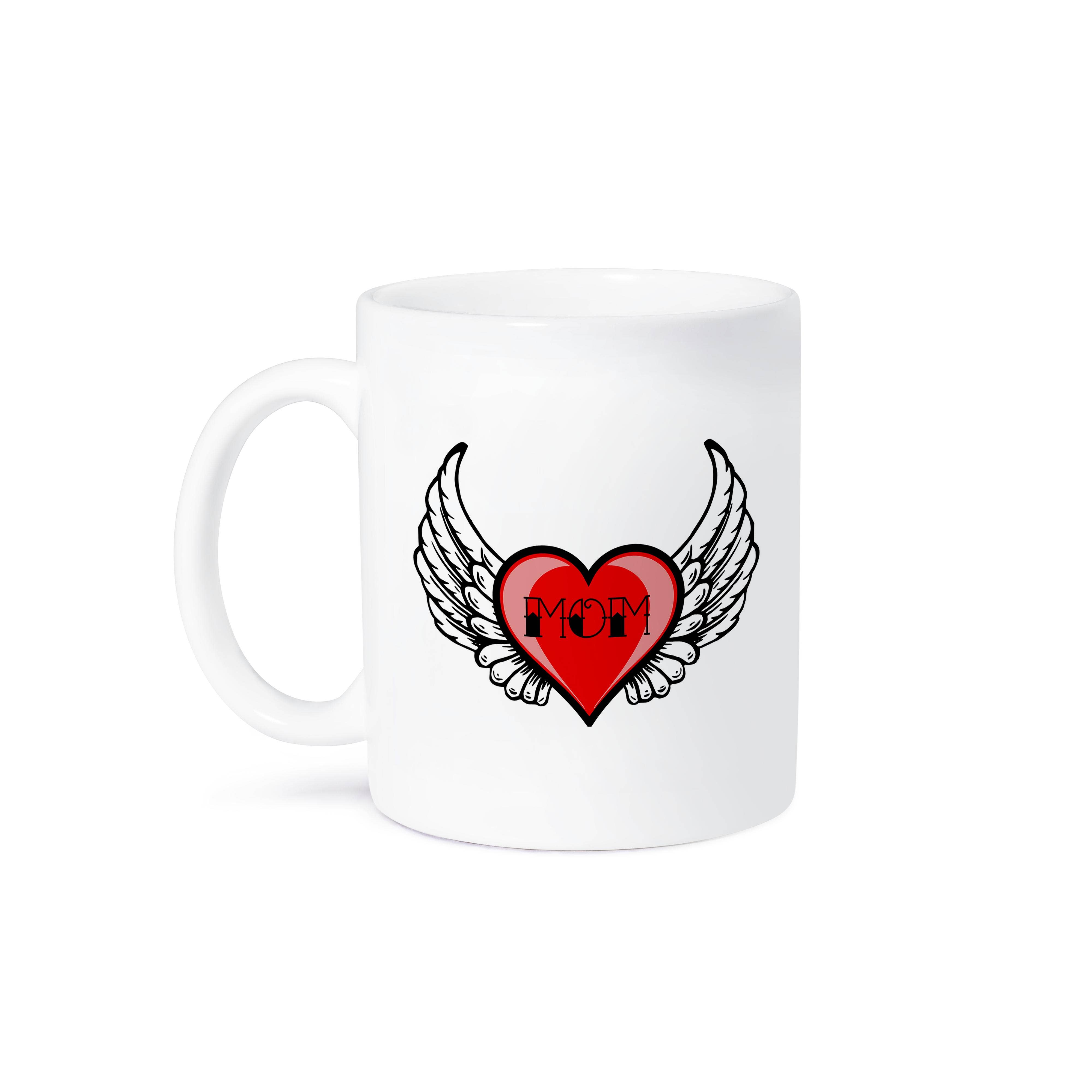 3dRose - Wholesale Coffee Mug - 3dRose, Mom in tattoo lettering inside a red heart with angel wings., Mug8