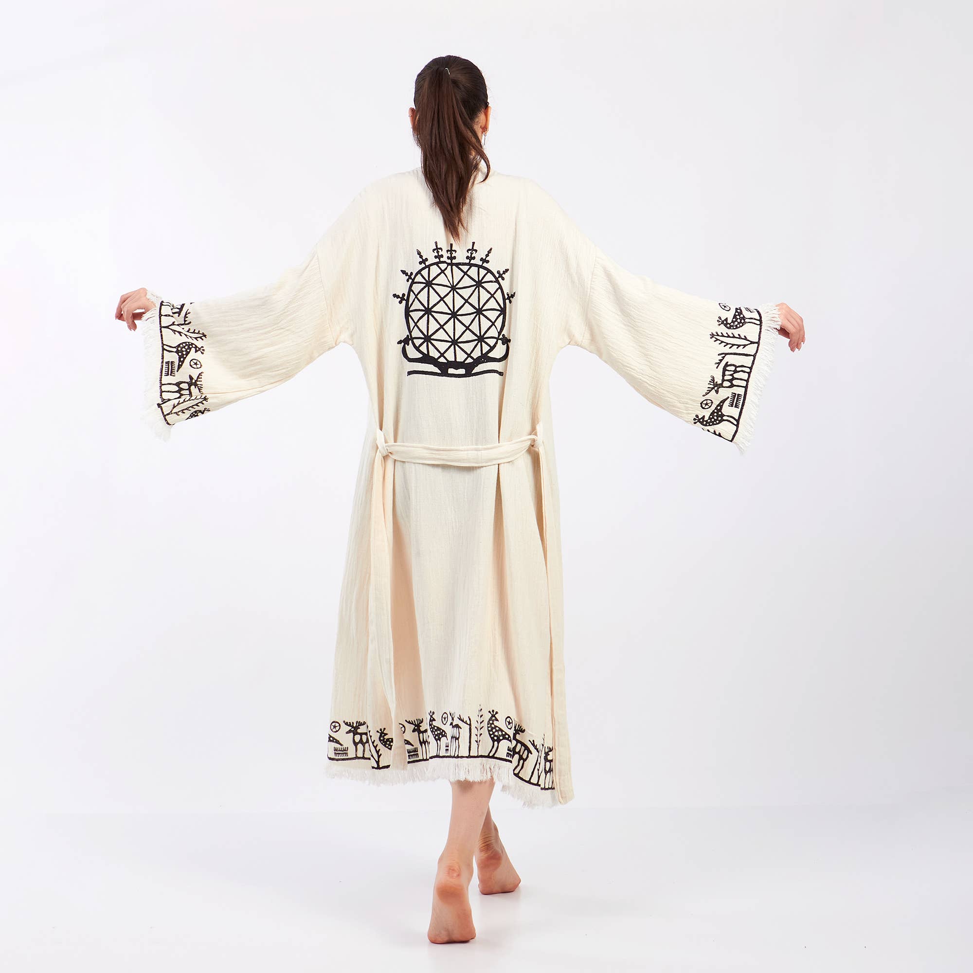Yaz Concepts - Vente Kimono – femme - Peignoir kimono blanc en coton à motif primitif biologique turc6