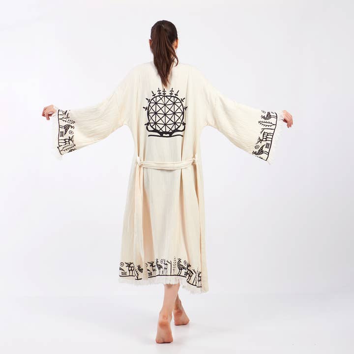 Yaz Concepts - Vente Kimono – femme - Peignoir kimono blanc en coton à motif primitif biologique turc6