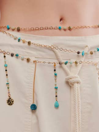 Chaîne de ventre Lotus – Bijoux en turquoise et quartz rose pour la vente par Ariana Ost