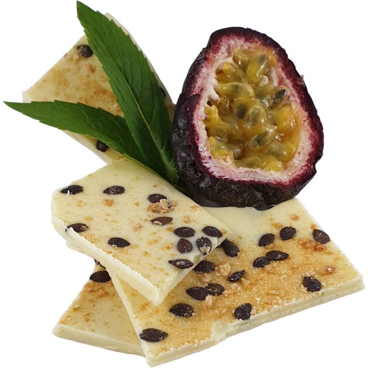 Poppy's Chocolate - Wholesale Chocolate bar - Passionfruit and White Chocolate Bark 100g