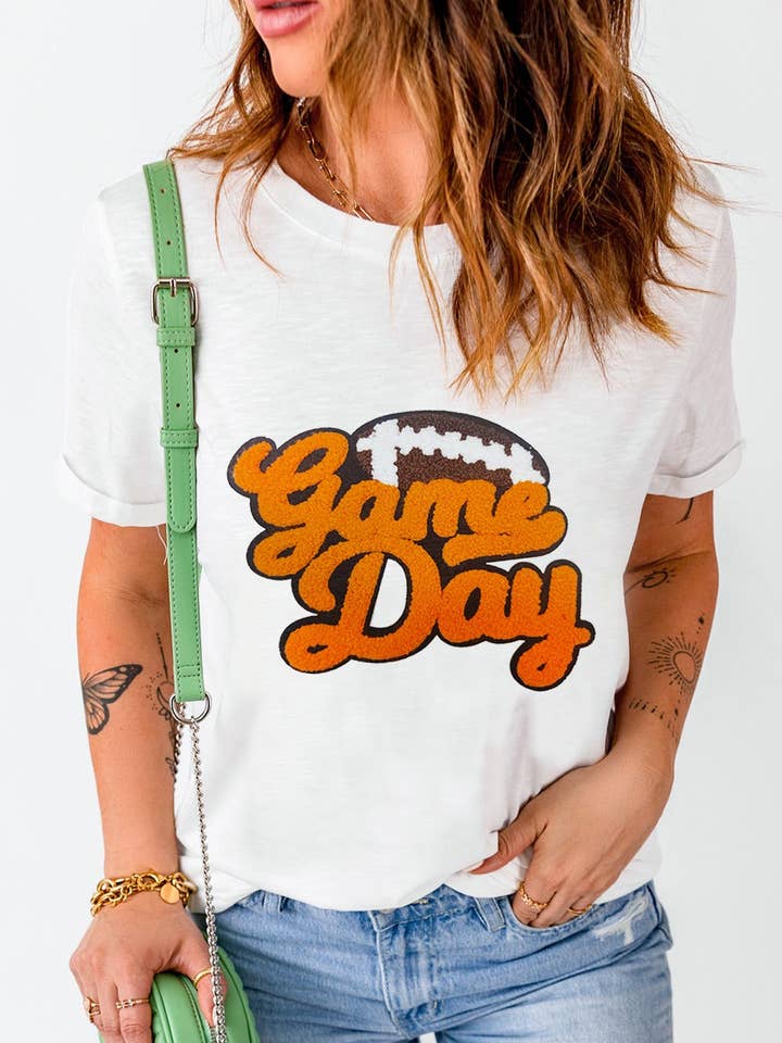 White Chenille Game Day Rugby Football Pattern Crewneck T Shirt for wholesale by Lovesoft