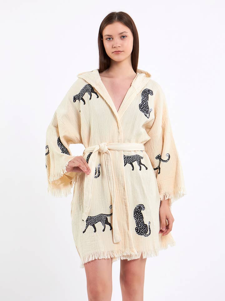 Yaz Concepts – wholesale Kimono – Women's – White Leopard Print Short Robe Animal Print Clothing Kimono