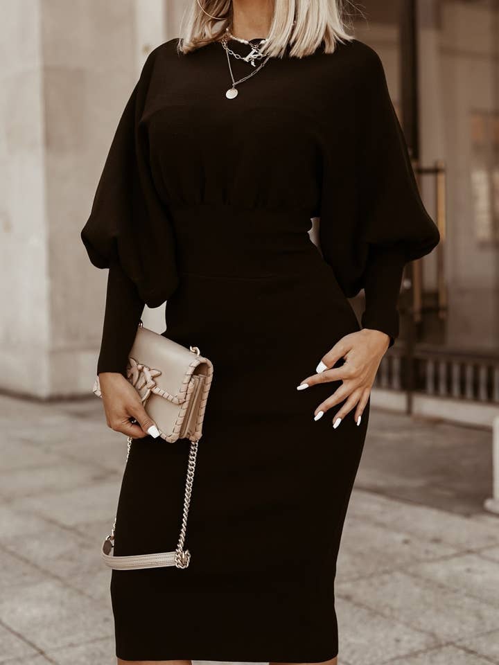 Lily Clothing - Wholesale Dress - Women's - SOLID COLOR LANTERN SLEEVE WAIST ONE-STEP DRESS