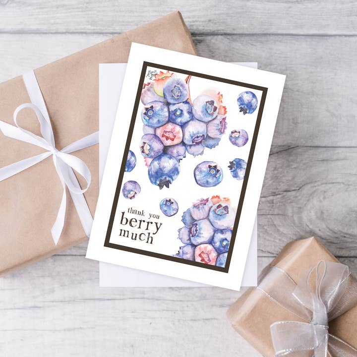 Tarjeta de agradecimiento Blueberry Thank you Berry Much Watercolor para venta al por mayor de Art Reflects Light
