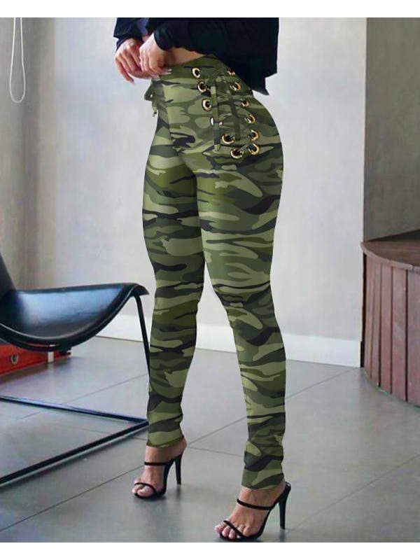 Queen Fashion - Wholesale Pants - Women's - print high waist eyelet laceup skinny pants
