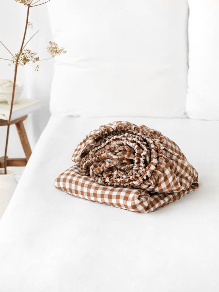 Cinnamon gingham linen fitted sheet for wholesale by MagicLinen (We handle U.S. import procedures for you)